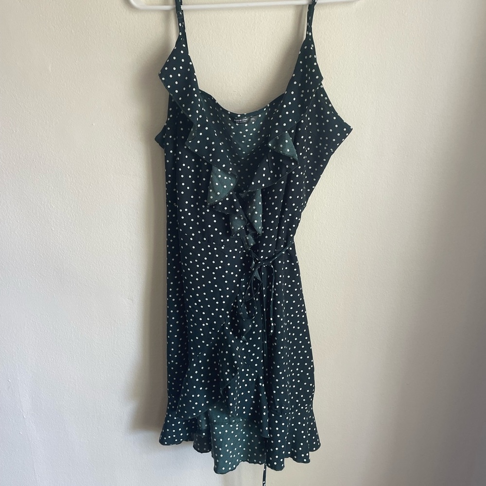 Shein curve true wrap dress! Dark green polka dots with ruffles! So cute!